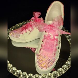 GBG Los Angeles White Sneakers with Pink Ribbon Laces and Iridescent Rhinestones